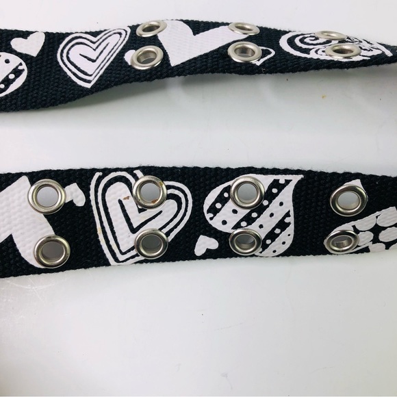 Double Prong Buckle Belt Black Size S Canvas Hearts Printed Eyelets Streetwear - Picture 5 of 5